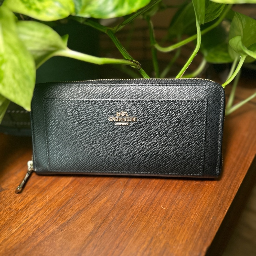 Coach Black Zip-Around Wallet with Pebbled Leather